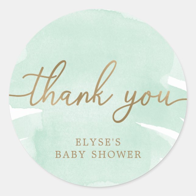 Green Watercolour Gold Baby Shower Favor Sticker (Front)
