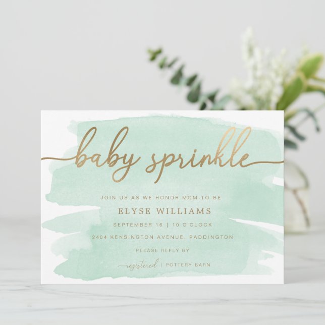 Green Watercolour Gold Baby Sprinkle Invitation (Standing Front)