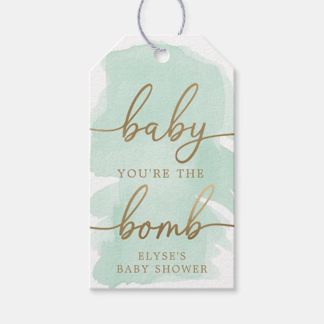 Green Watercolour Gold Bath Bomb Favor Tag (Front)