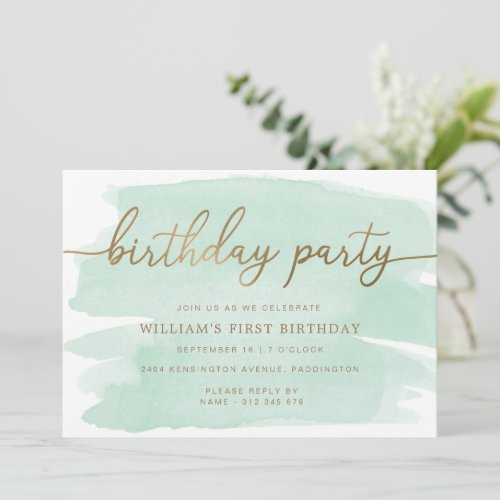 Green Watercolour Gold Birthday Party Invitation