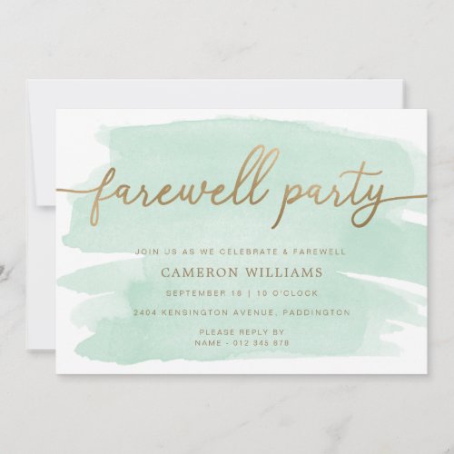 Green Watercolour Gold Farewell Party Invitation