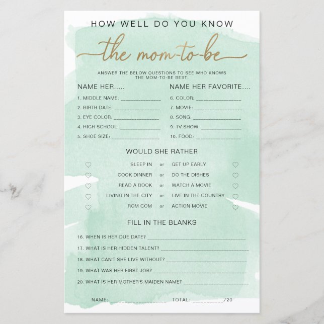 Green Watercolour Gold Know The Mom-to-be Game (Front)