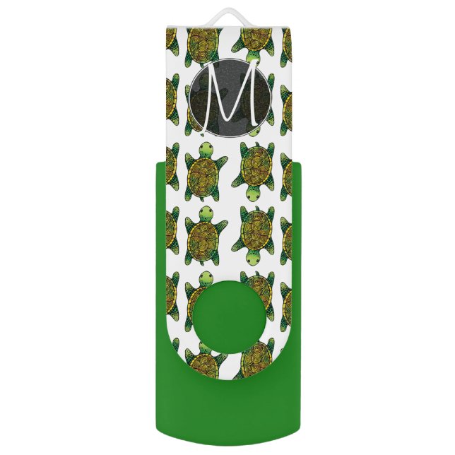 Green Watercolour Ink Drawn Turtle Pattern USB Flash Drive (Front Vertical)