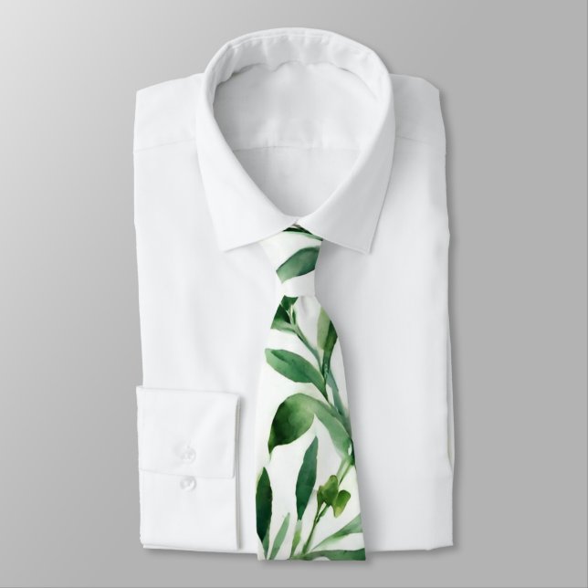 Green Watercolour Leaves Neck Tie (Tied)