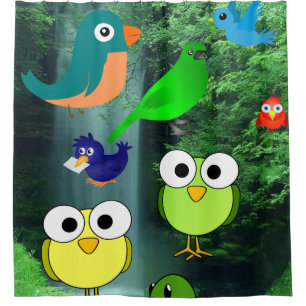 green waterfall birds children's shower curtain