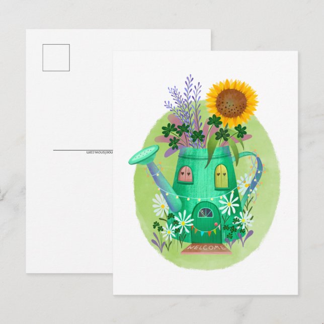 Green Watering Can Cottage Postcard (Front/Back)