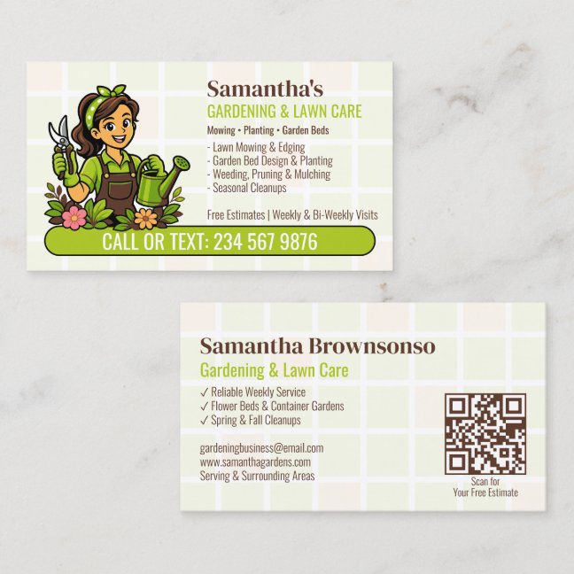 Green Watering Can Gardener Girl QR Lawn Care Business Card