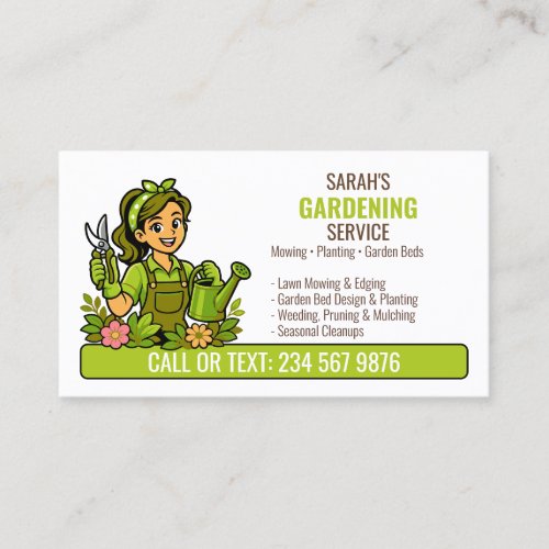 Green Watering Gardener Girl Lawn Care Business Card