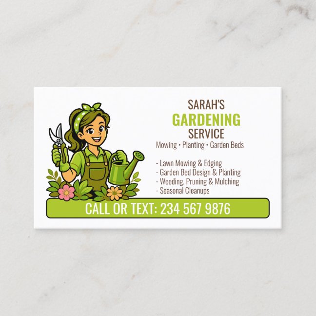 Green Watering Gardener Girl Lawn Care Business Card