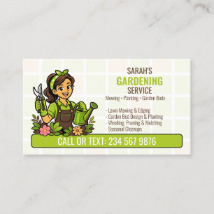 Green Watering Gardener Girl QR Lawn Care Business Card