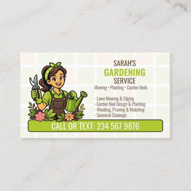 Green Watering Gardener Girl QR Lawn Care Business Card
