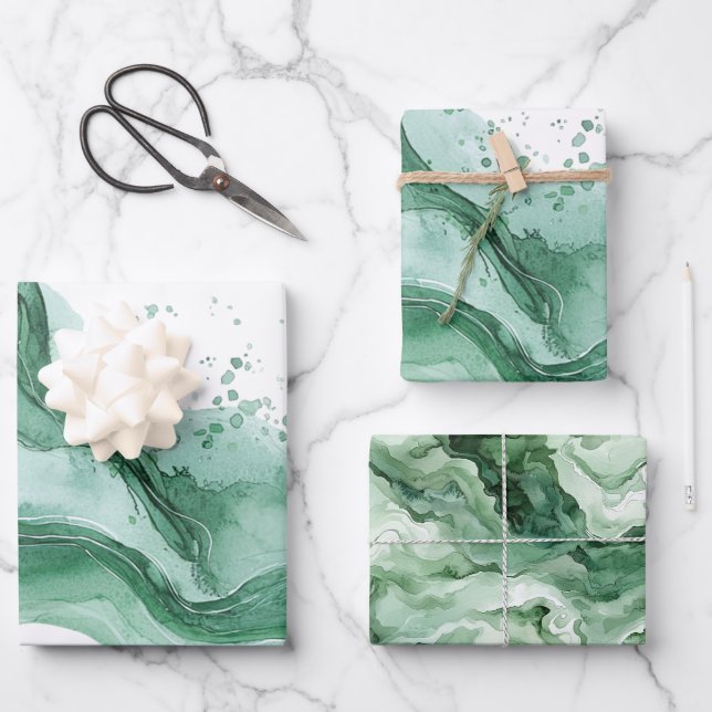 Green Wave Abstract Birthday Wrapping Paper Sheets (Front)
