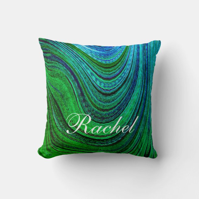 Green Wave Artsy Swirl Patterns Custom Name Cute Throw Pillow (Front)