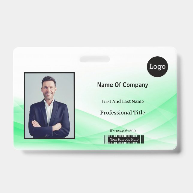 Green Wave Design Photo Identification ID Badge (Front)