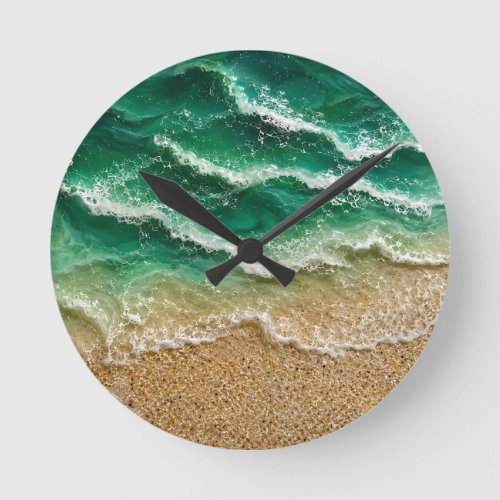 Green Wave Resin Look Beach Sand Ocean coastal Round Clock