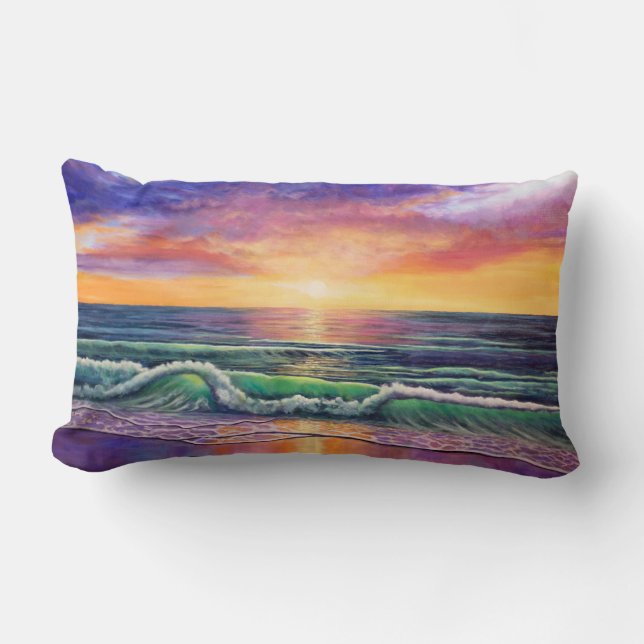 Green Wave Sunset Seascape 2 Lumbar Pillow (Front)