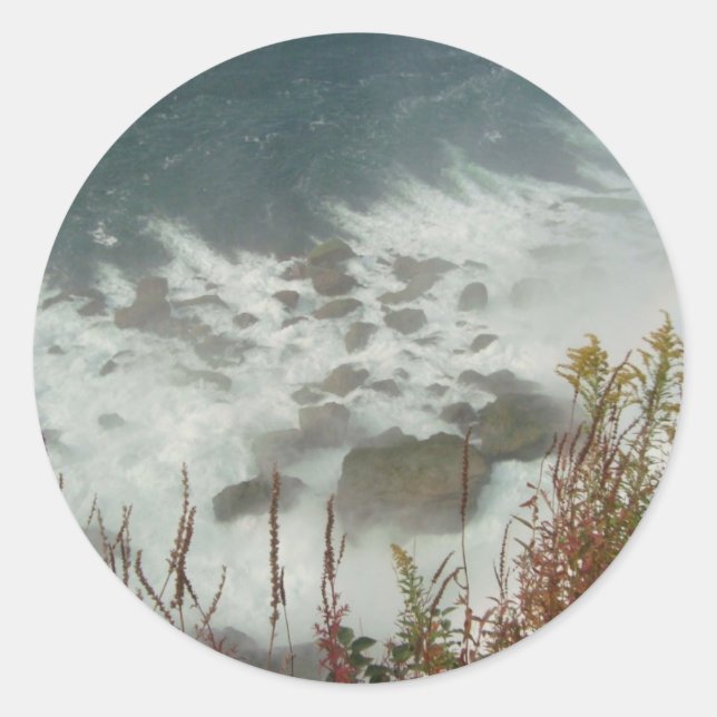 Green Waves Blue Water Abstract Nature Waterfall Classic Round Sticker (Front)