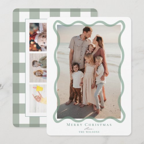 Green Wavy Frame 4 Photos Christmas Holiday Card