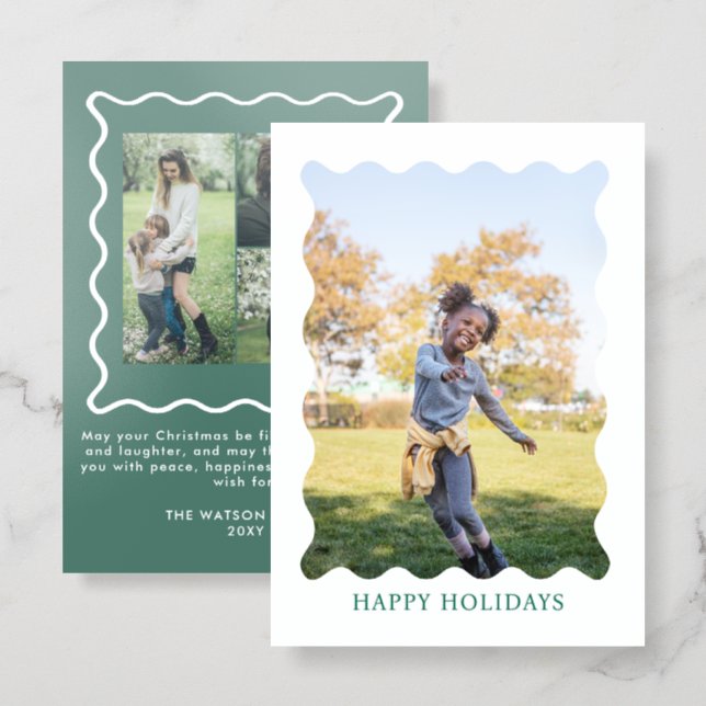 Green Wavy Frame Christmas 4 photos Holiday Letterpress Photo Cards (Front/Back)