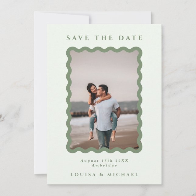 Green Wavy Frame Photo QR Code Wedding Save The Da Date (Front)