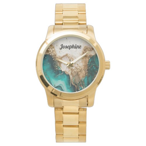 Green Wavy Marble Gold Glitter Stylish Typography Watch