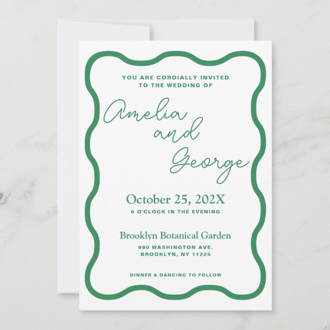 Green Wavy Retro Wedding Invitation (Front)