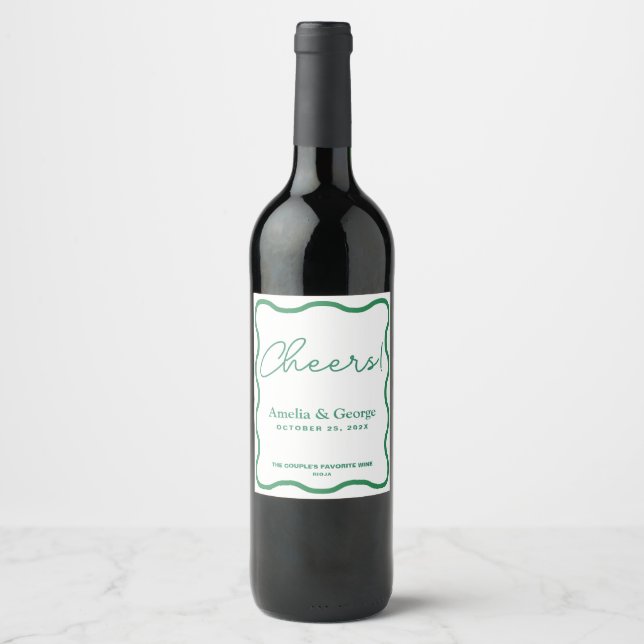 Green Wavy Retro Wedding Wine Label (Front)