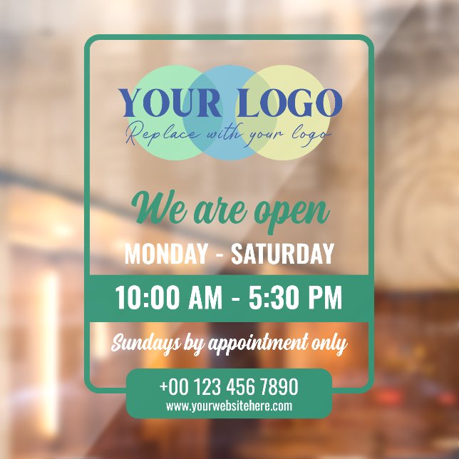 Green We Are Open Hours With Your Logo Window Cling (Sheet 2)