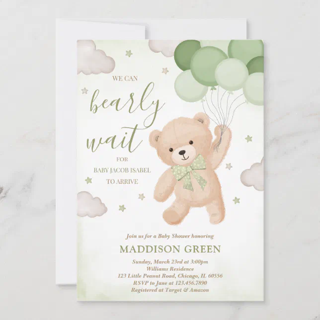 Green We Can Bearly Wait Baby Shower Invitation | Zazzle