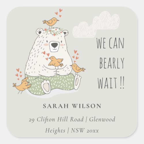 Green We Can Bearly Wait Bear Baby Shower Address Square Sticker