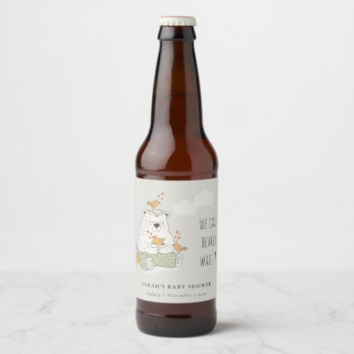 Green We Can Bearly Wait Bear Birds Baby Shower Beer Bottle Label