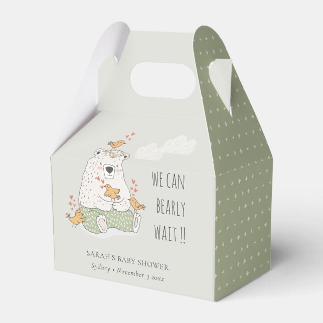 Green We Can Bearly Wait Bear Birds Baby Shower Favor Boxes (Front Side)