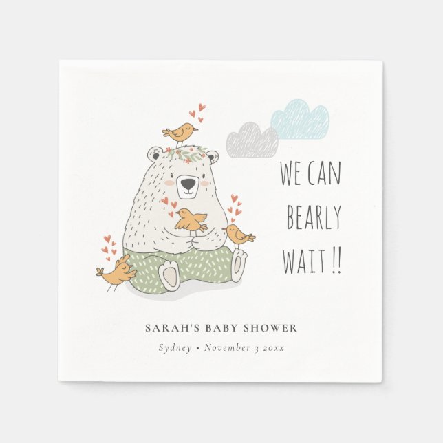 Green We Can Bearly Wait Bear Birds Baby Shower Napkins (Front)