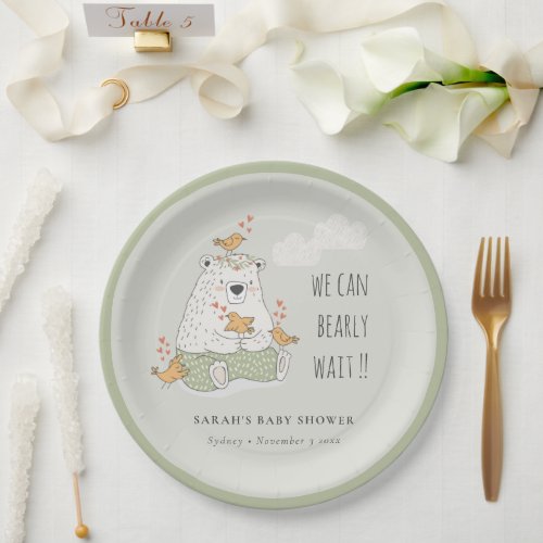 Green We Can Bearly Wait Bear Birds Baby Shower Paper Plates