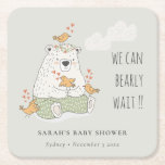 Green We Can Bearly Wait Bear Birds Baby Shower Square Paper Coaster<br><div class="desc">For any further customisation or any other matching items,  please feel free to contact me at yellowfebstudio@gmail.com</div>