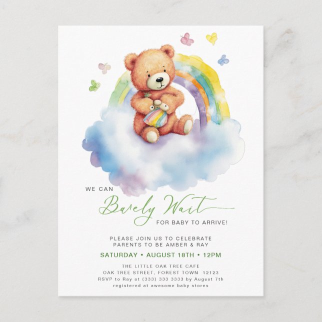 Green We Can Bearly Wait Cute Boy Baby Shower Invitation Postcard (Front)