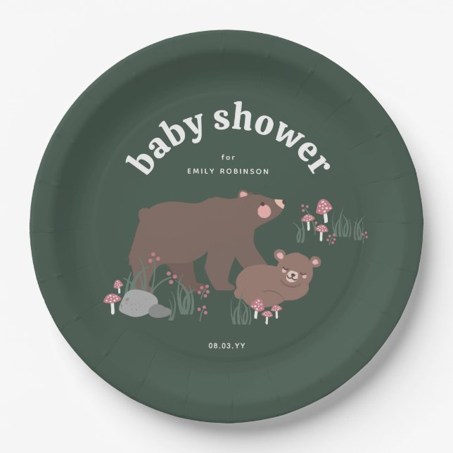 Green We Can Bearly Wait Woodland Baby Shower Paper Plates (Front)