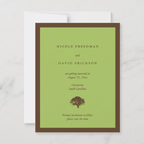 Green wedding announcement oak tree save the date