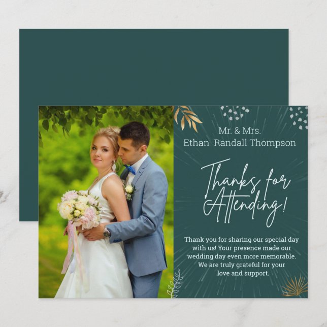 Green Wedding Couple Photo  Thank You Flat Card (Front/Back)