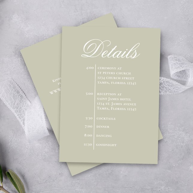 Green Wedding Details Response RSVP Enclosure Card (Lovely Wedding details timeline enclosure card with elegant calligraphy script.)