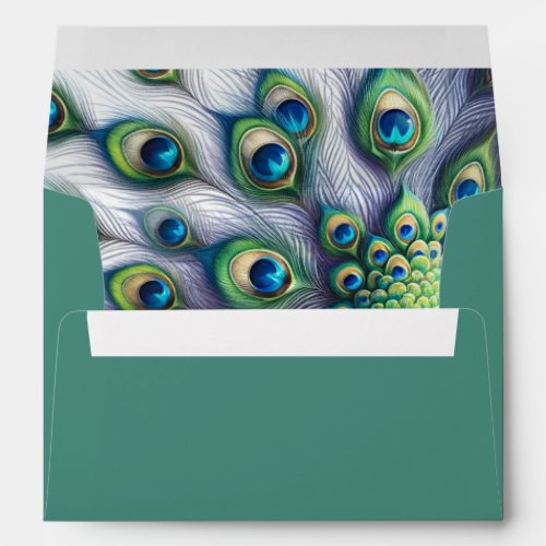 Green Wedding Envelopes Peacock Feather Interior