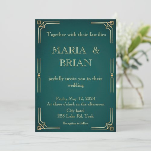 Green wedding invitation art deco 
