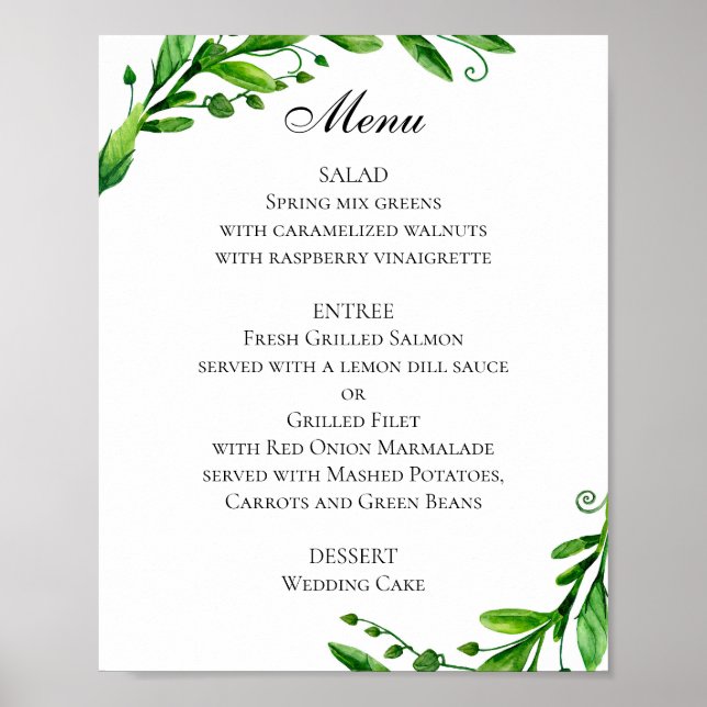 Green wedding menu poster. Summer dinner menu Poster (Front)