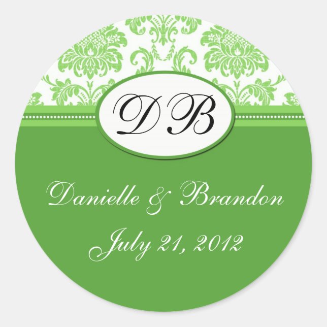 Green Wedding Monogram Damask Seal (Front)