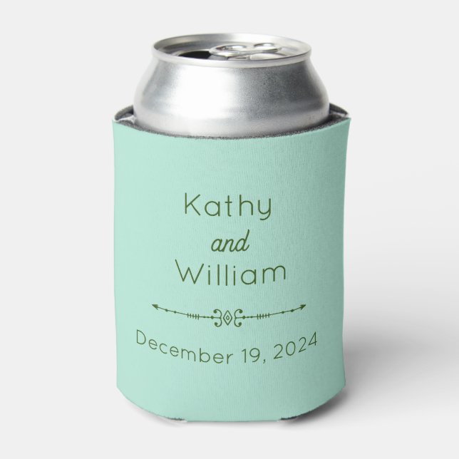 Green Wedding Party Favor Names and Date  Can Cooler (Can Front)