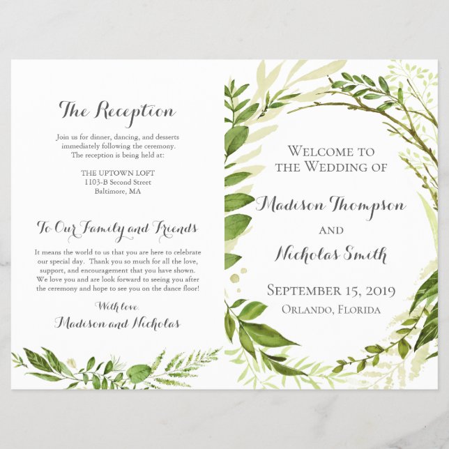 Green Wedding Program Booklets, Rustic Greenery Flyer (Front)