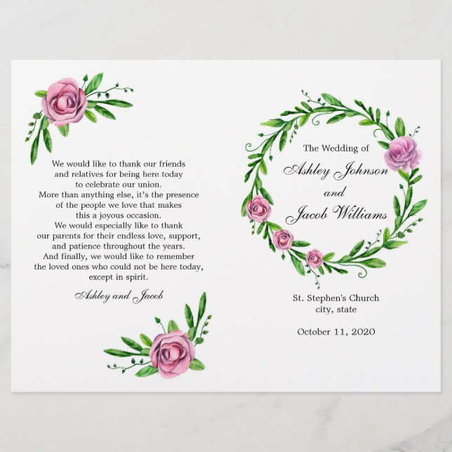 Green wedding program. Summer church ceremony (Front)