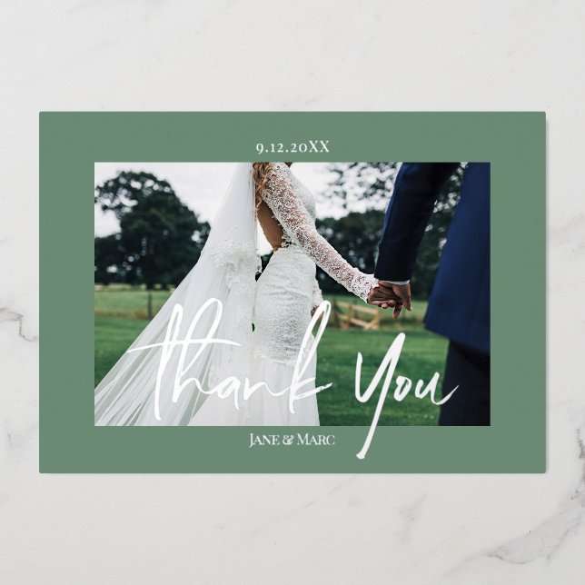 Green Wedding Real Foil 2 photos Thank You Cards (Front)