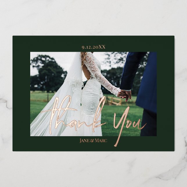 Green Wedding Real Foil 2 photos Thank You Cards (Front)