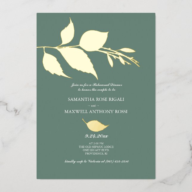 Green Wedding Rehearsal Dinner Foil Invitation (Front)